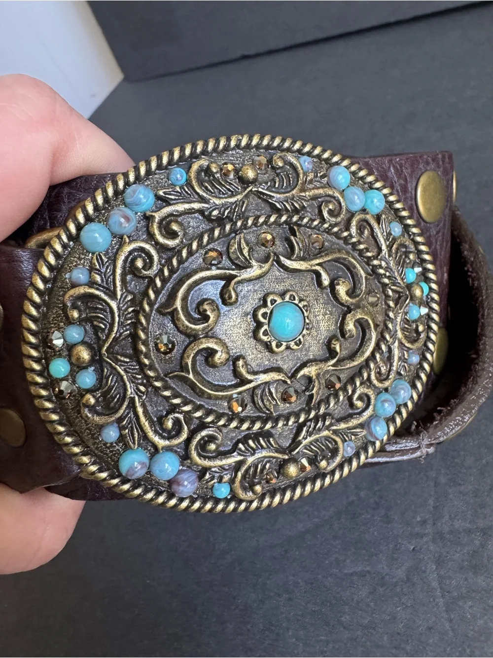 Leatherock Brown Studded Leather Belt Embellished Buckle Festival Cowgirl Medium